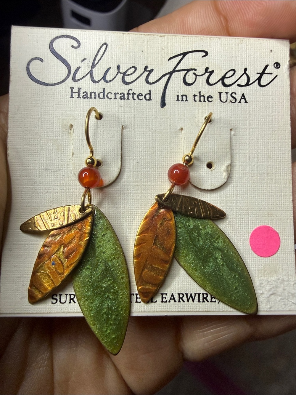 Silver Forest Green and Copper Leaf Dangle Earrings